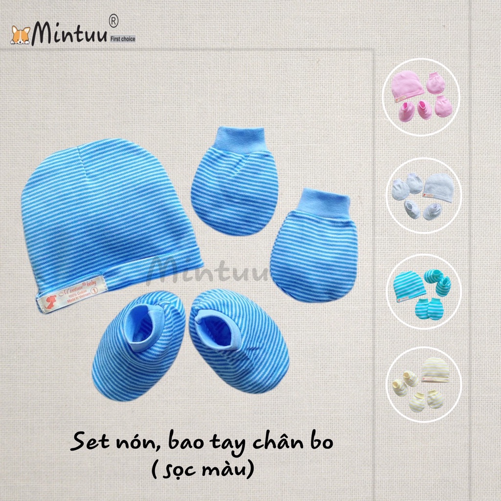 Set Nón sơ sinh 2 lớp, tay chân bo sọc màu thương hiệu MINTUU