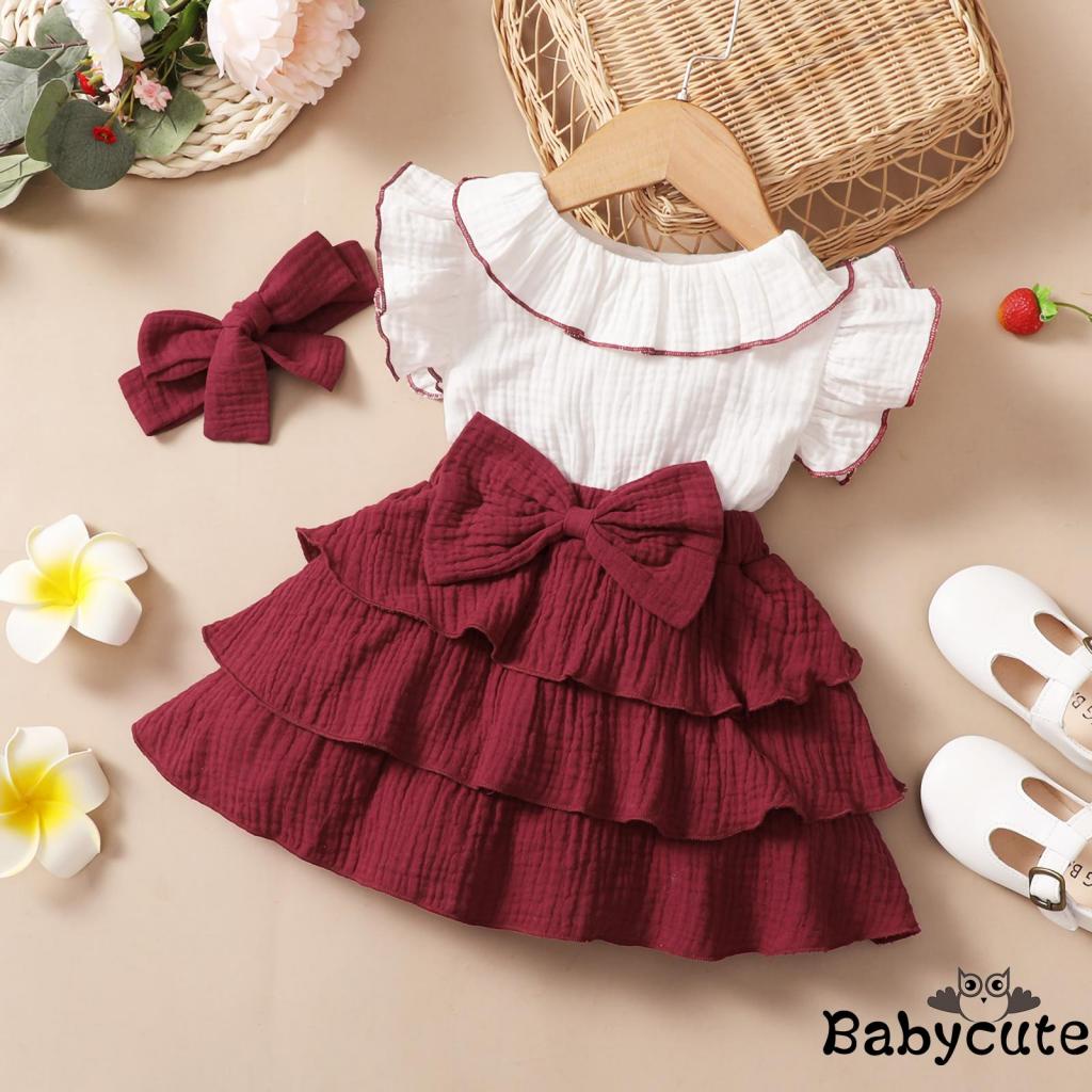 Đầm Chữ A Tay Bay Cổ Tròn Nhún Bèo Màu Sắc Tương Phản + Băng Đô Dành Cho Bé Gái