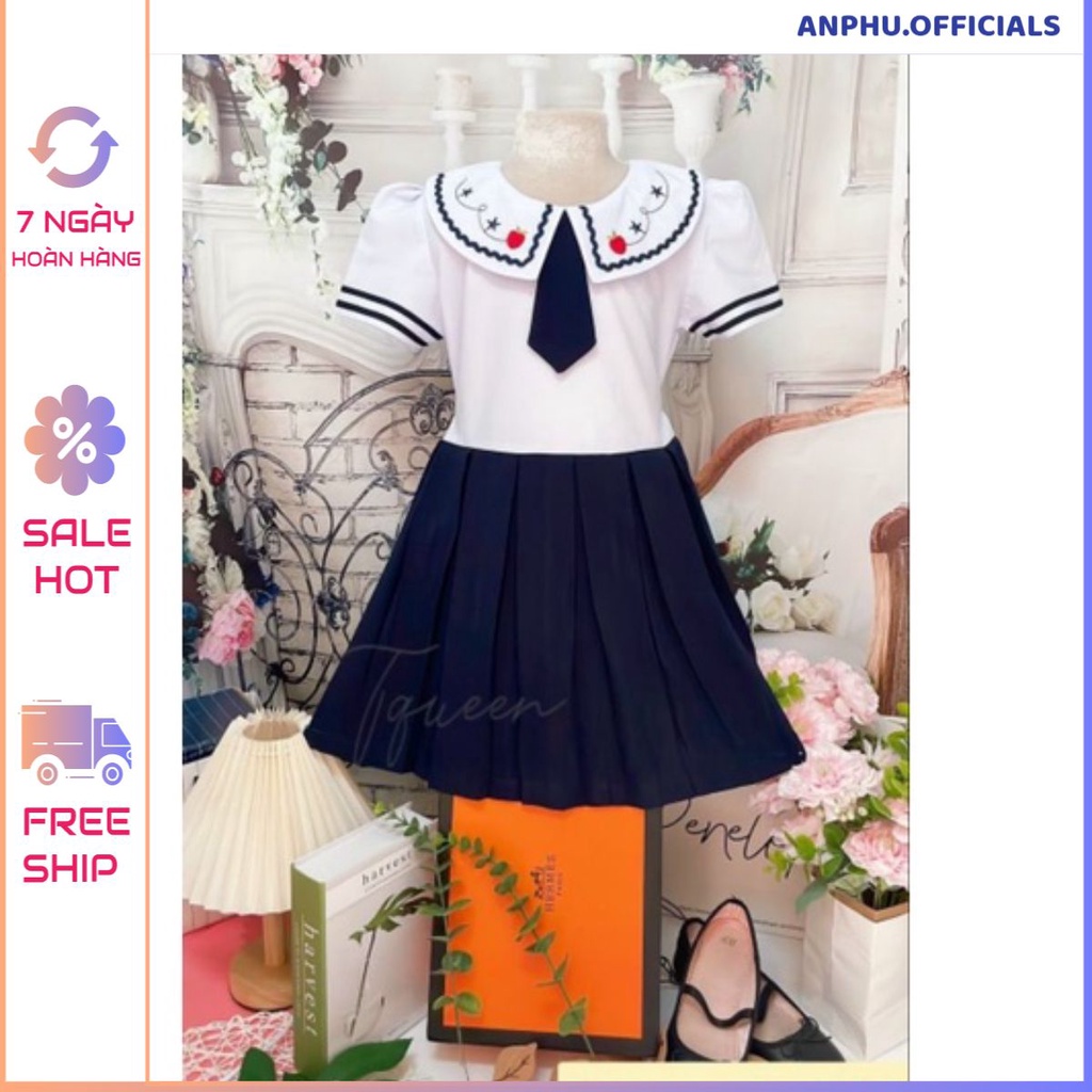 Áo đầm, Váy đầm học sinh nữ cổ sen tay phồng, đồng phục học sinh cấp 1, cấp 2, đồ đi học xinh cho bé gái