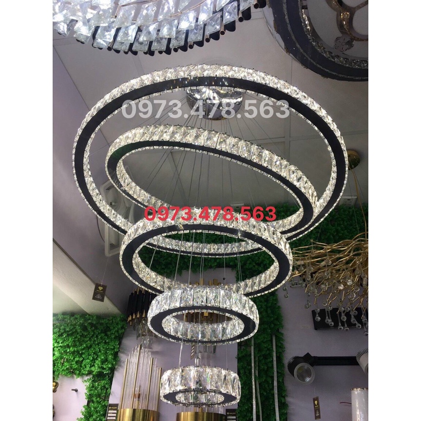 Đèn thả thông tầng 5 vòng pha lê bản to có 3 chế độ ánh sáng,Đèn thả cho trần nhà cao có dây rút tùy chỉnh