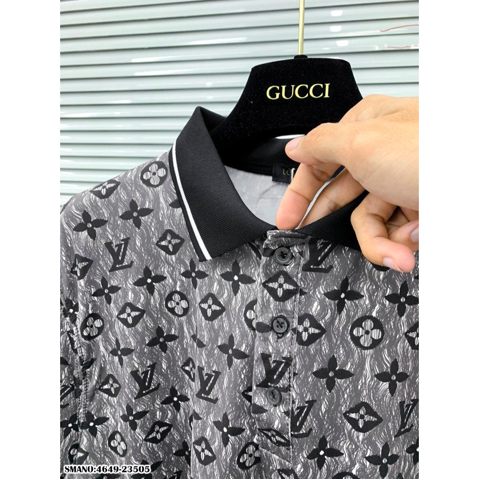 Áo Polo Nam LV Loang Vải Mát Mịn - Áo Phông Cổ Bẻ Nam Logo Hoa Đen Viền Trắng