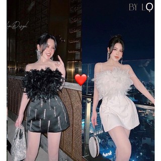 đầm 2 dây lông đính đá sang chảnh