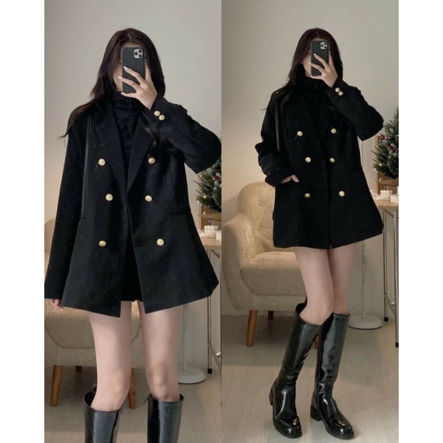 Ảnh thật- Áo Blazer Dáng dài 2 lớp cúc đồng có đệm vai cao cấp