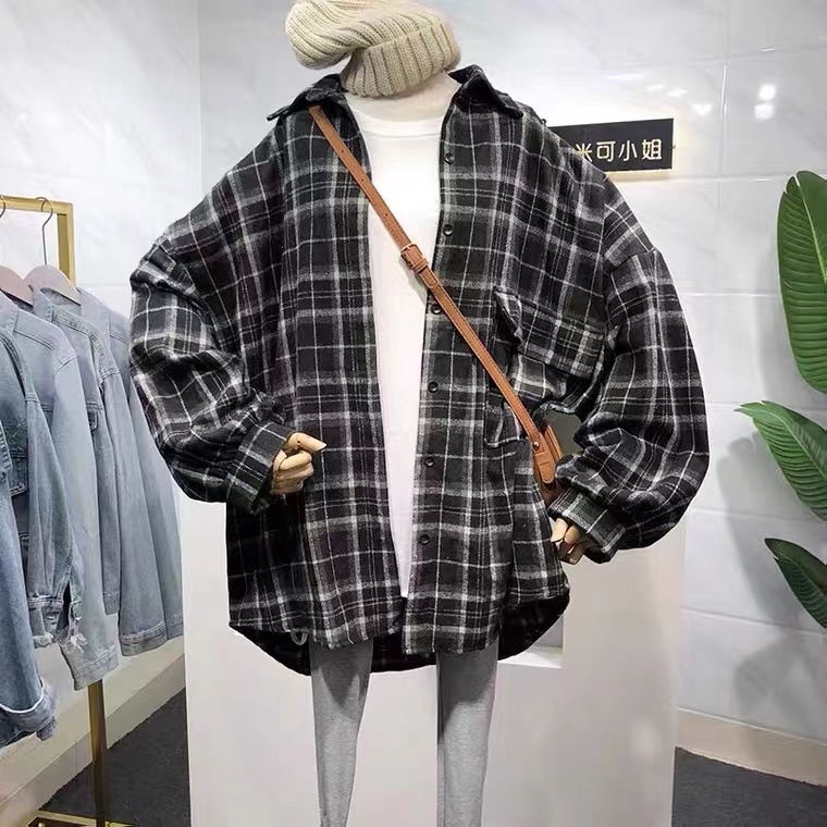 Áo sơ mi SUXI tay dài dáng rộng kẻ sọc caro kiểu vintage Hàn Quốc đơn giản cho nữ