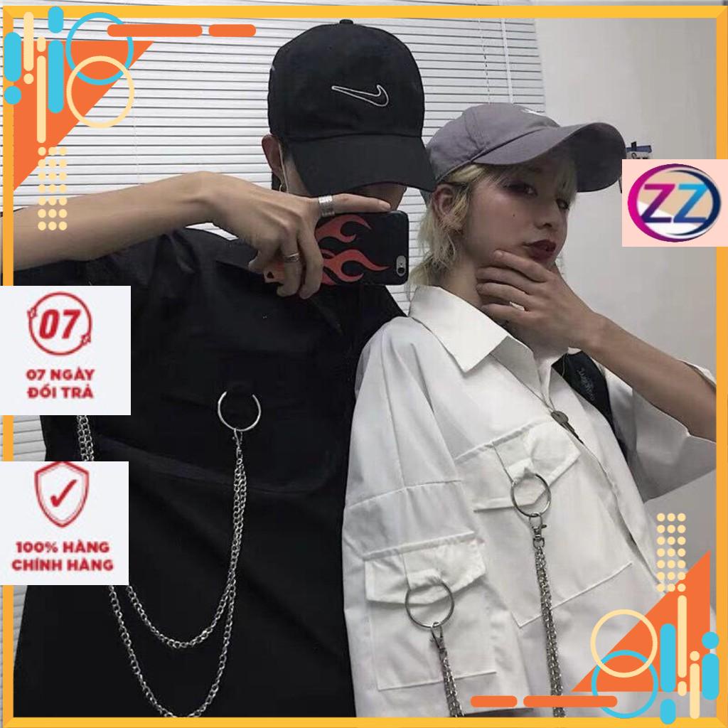 Áo Sơ Mi Túi Hộp Tay Lỡ Phối Dây Xích cực ngầu 2 màu đen/trắng Zoozoo Unisex