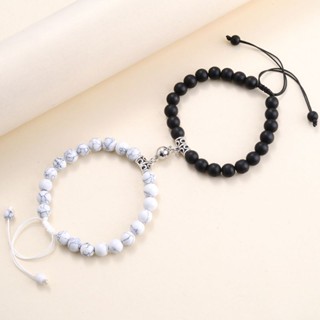 Vòng tay cặp tình yêu, vòng đôi nam nữ đá ngọc lam 8mm hai màu đen và trắng có nam châm hít hình trái tim thời trang.