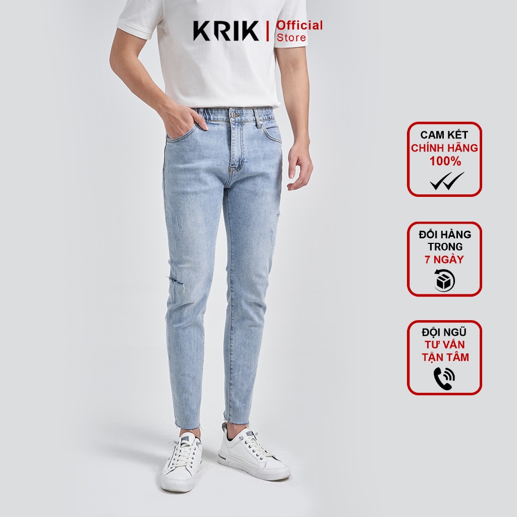 Quần Jean Nam Local Brand KRIK Dáng Slimfit Hàn Quốc, Màu Xanh Rách Gối Tạo Điểm Nhấn QJ0285