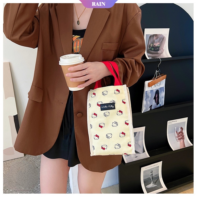 Túi Xách Vải Canvas In Hình Sanrio Hello Kitty Đựng Ly Nước Trái Tim Đồ Ăn Vặt Cho Nữ