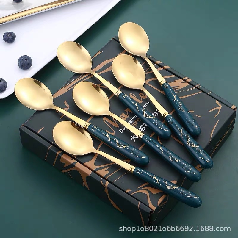 Bộ 6 Thìa Mạ Vàng Cán Xanh Lam Vân Đá Phong Cách Bắc Âu