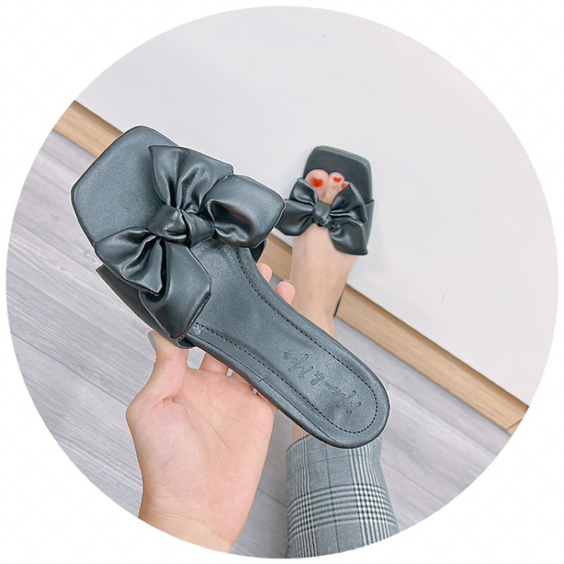 Dép nữ cao gót quai nơ da lì gót vuông 4cm