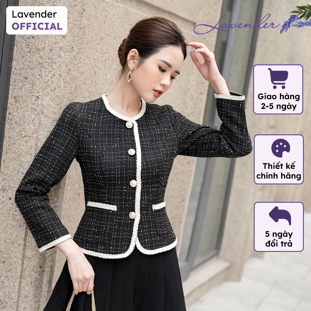 Áo dạ tweed nữ đen LAVENDER dáng ngắn cổ tròn tay dài viền trắng DT2413
