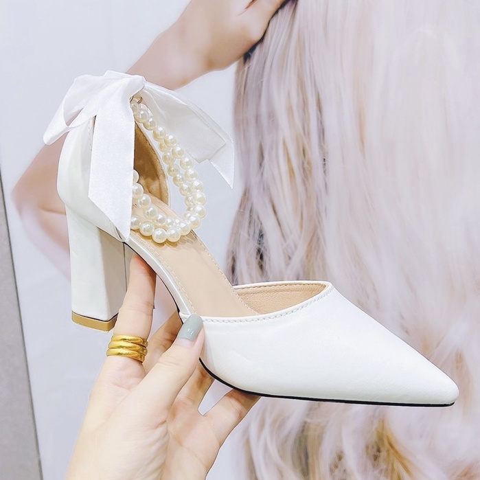 Giày bít gót quai hạt châu cao 7cm Fom to 1.5 lùi size - V39