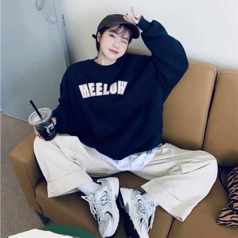 Áo nỉ mùa đông Sweater MEELOW dài tay form rộng màu xanh than phối chữ kiểu hàn phong cách Ulzzang ladyquangchau