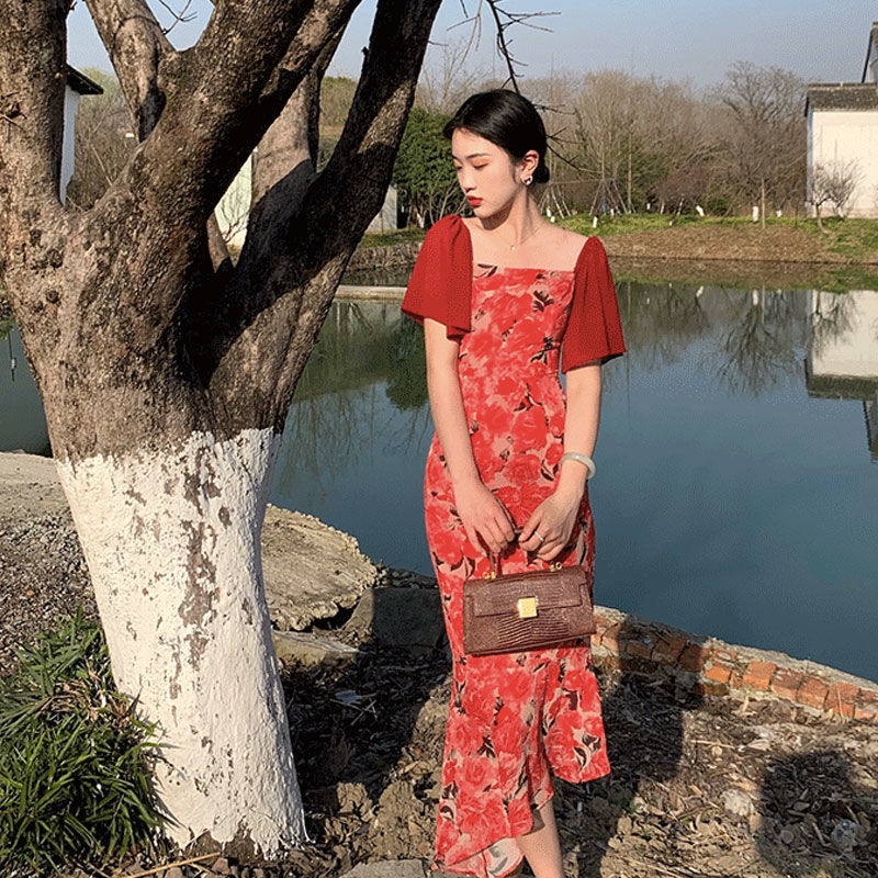 [M &amp; E] Đầm Dài Đuôi Cá Tay Bay Nhấn Eo Mỏng In Họa Tiết Hoa Mẫu Đơn Phong Cách Pháp Cổ Điển Thời Trang Mùa Hè Cho Nữ