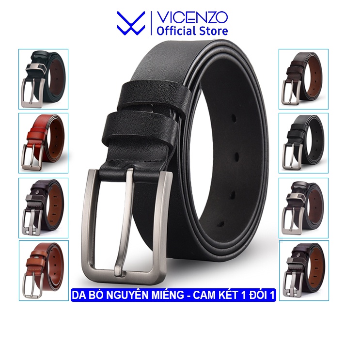 Thắt Lưng Nam Da Bò Thật Nguyên Miếng Cao Cấp VICENZO Khóa Kim Cổ Điển Hợp Kim Đúc Chống Rỉ, Dây Thắt Lưng Nam Da Thật