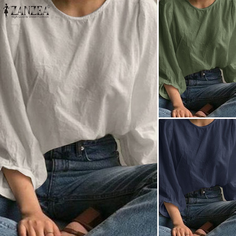Áo kiểu ZANZEA tay 3/ 4 chất liệu cotton cổ tròn thời trang Hàn Quốc dành cho nữ