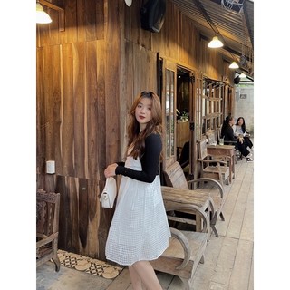 Set đầm ô xếp ly + khoác đen