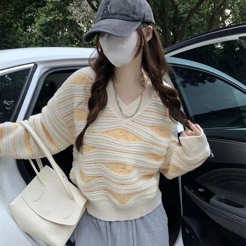 SUXI SUXI Áo Sweater Dệt Kim Tay Dài Dáng Rộng Họa Tiết Kẻ Sọc Thời Trang Thu Đông Cho Nữ