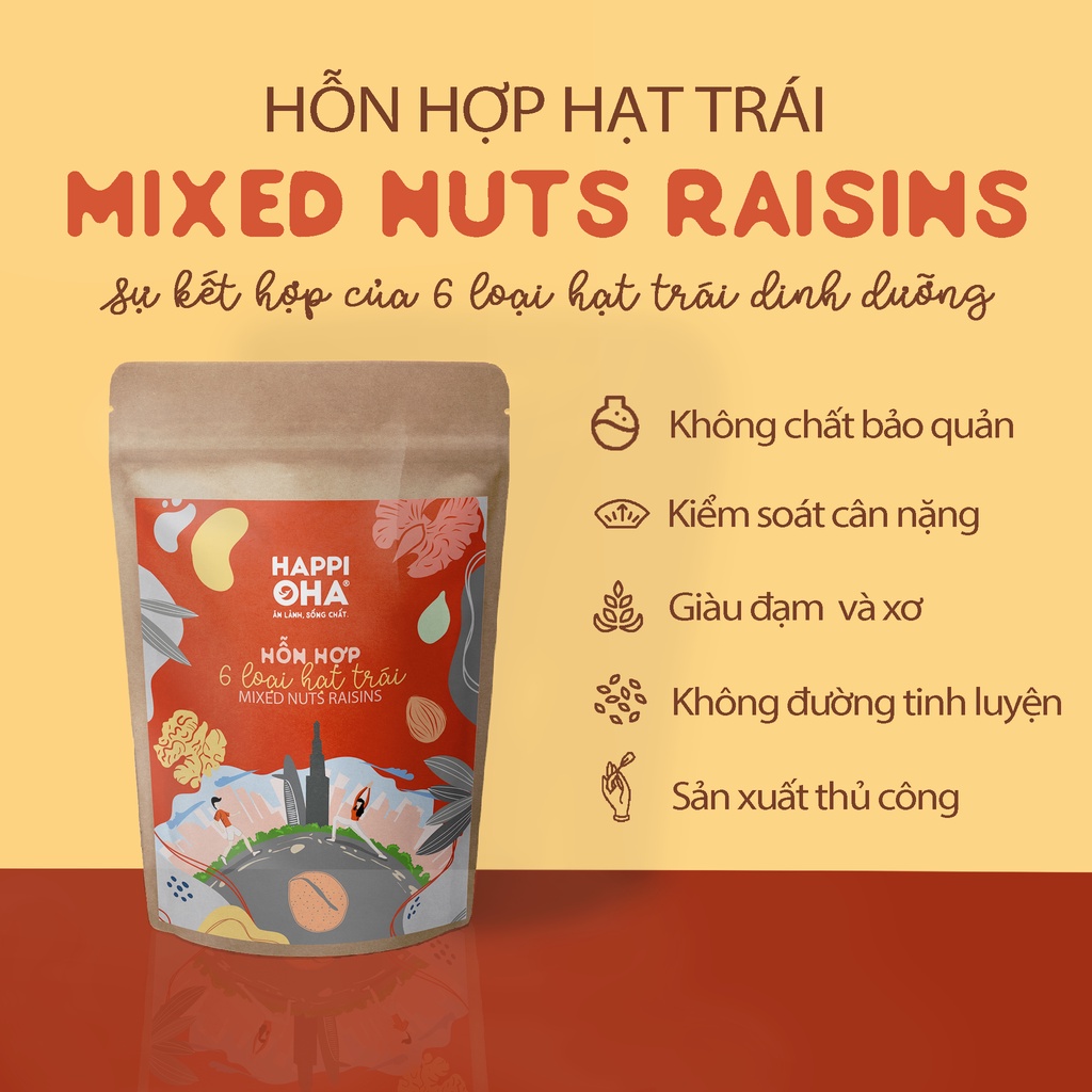 Mixed Nuts Raisins - Hỗn hợp 6 Loại Hạt Trái HAPPI OHA Túi Dùng Thử 30g