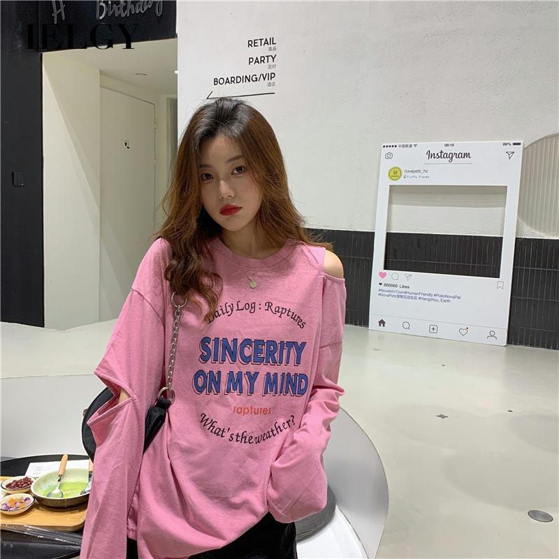 IELGY Áo Thun Nữ Dài Tay In Chữ Khoét Lỗ Thời Trang