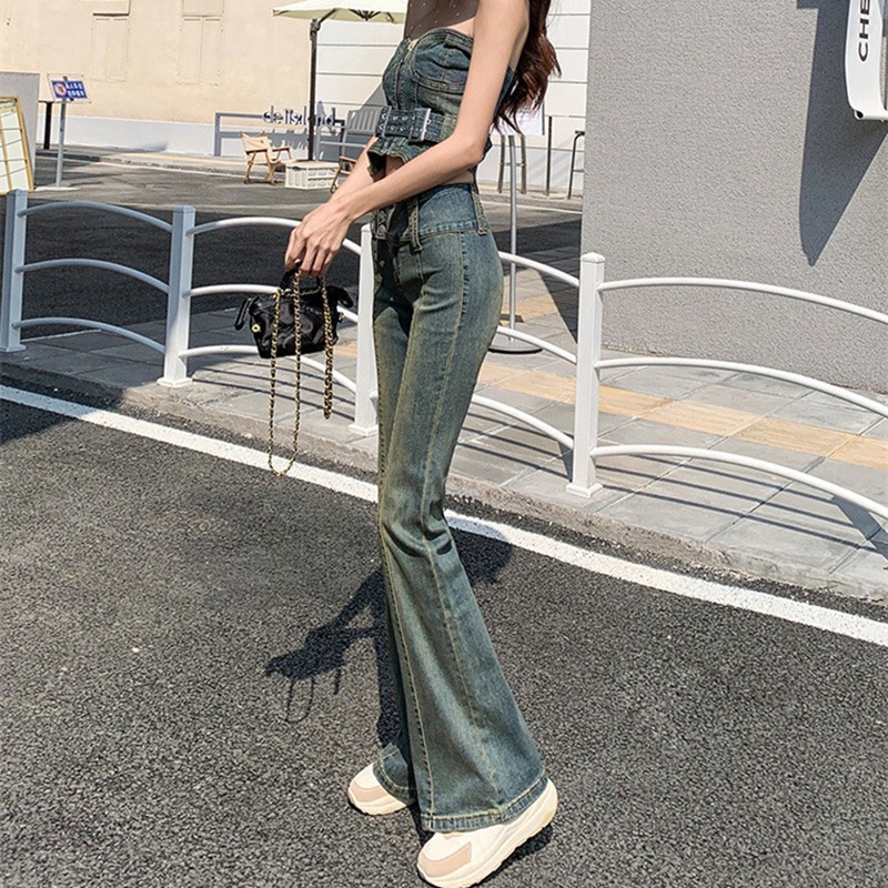 IELGY Quần denim Dài Co Giãn Màu Xanh Dương Phong Cách retro Dễ Phối Đồ Cho Nữ