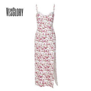 VesGlory Đầm Midi Nữ Thời Trang In Hoa Ren Cổ Chữ V Dây Đeo Điều Chỉnh Gợi Cảm Slim Fit Cami Váy