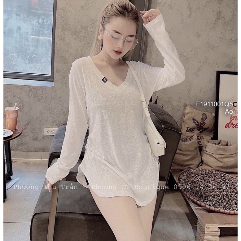 Áo thun giấy dài tay cổ V tem chữ TT1911