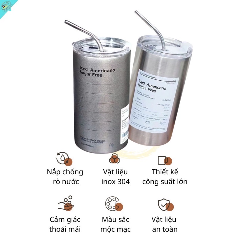 Bình giữ nhiệt KÈM TÚI Iced Americano 600ml inox 304 kèm ống hút Inox mẫu mới 2022