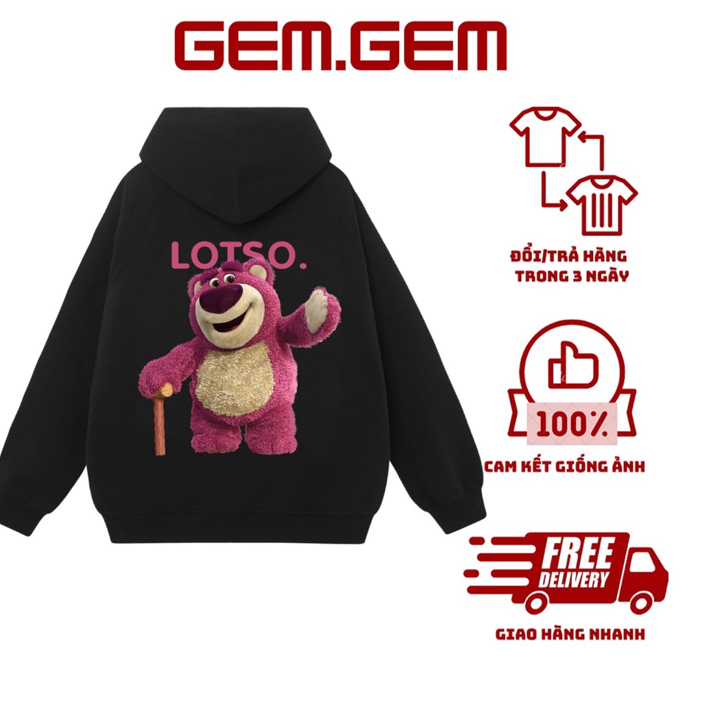 Áo hoodie nỉ 2 da mặt bông nam nữ form rộng GẤU LOTSO mũ 2 lớp basic, hoodies nỉ ulzzang tay bồng phong cách Hàn Quốc