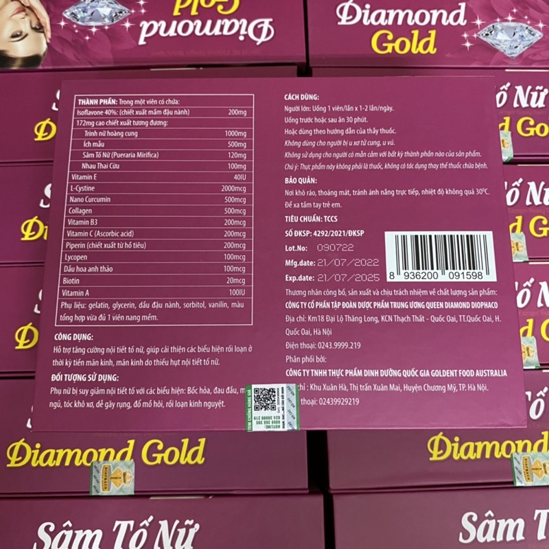 Viên uống nội tiết tố nữ Sâm tố nữ DIAMOND GOLD Hộp 2 lọ x 30 viên - Sâm tố nữ Placentra Estrogen Beauty queen 60 viên
