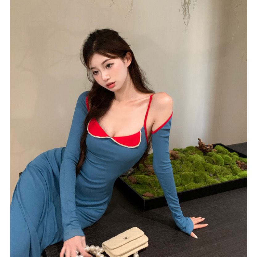 Jiashucheng Áo Khoác Ngắn Phối Váy Hai Dây Màu Sắc Tương Phản Phong Cách Retro Quyến Rũ