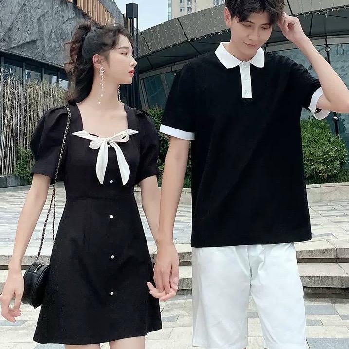 Set đồ đôi váy nữ phối nơ to + áo nam