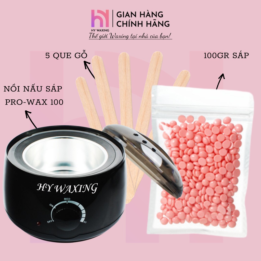 [CHE TÊN] Combo Nồi Nấu Sáp Wax Lông Pro Wax 100 +100gr Sáp Cao Cấp Tặng Kèm 5 Que Gỗ HYWAXING