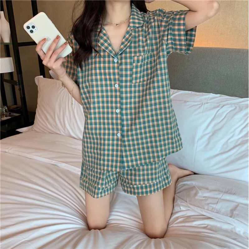 Set đồ ngủ pyjama đùi caro xanh basic Hàn Quốc