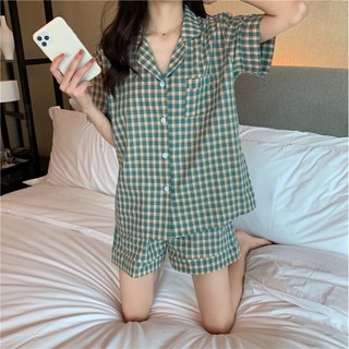 Set đồ ngủ pyjama đùi caro xanh basic Hàn Quốc