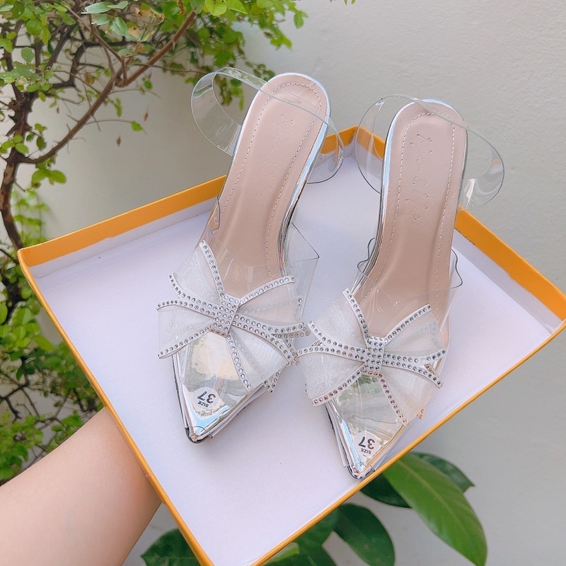Giày cao gót Trong suốt nơ đá cánh tiên mũi nhọn gót ly 9p