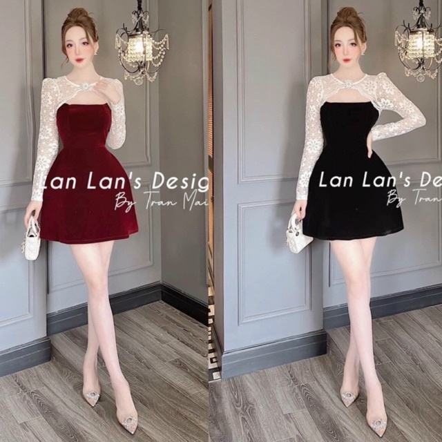 Váy nhung khoét ngực phối tay ren sang chảnh