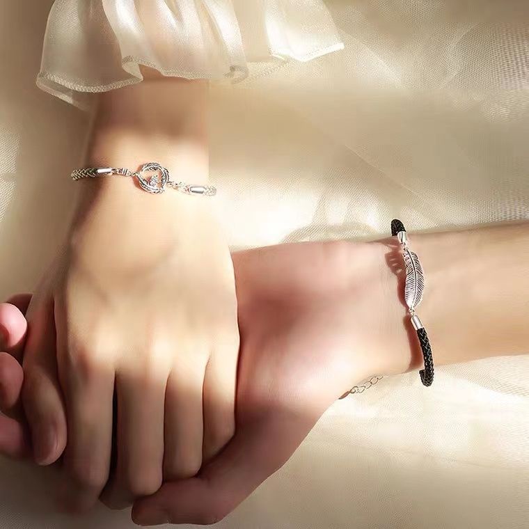 Vòng Tay Dây Bện Phối Mặt Hình Lông Vũ Mạ Bạc 925 Thời Trang Cho Cặp Đôi