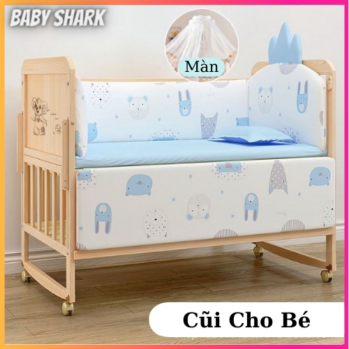 Cũi gỗ Cho Bé( Cũi + Quây + Đệm ) ,Nôi cũi gỗ cho bé Chất Liệu Gỗ Thông Kích Thước 105x60x90cm