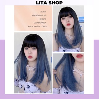 Tóc giả nữ nguyên đầu cụp omber xanh tặng kèm wig