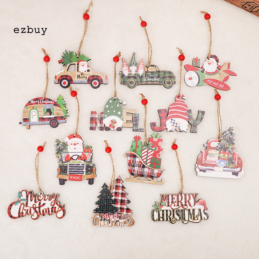 Bộ 12 Phụ Kiện Treo Trang Trí Cây Thông Giáng Sinh Hình Ông Già Noel Hoạt Hình Bằng Gỗ Nhiều Màu Chống Mài Mòn