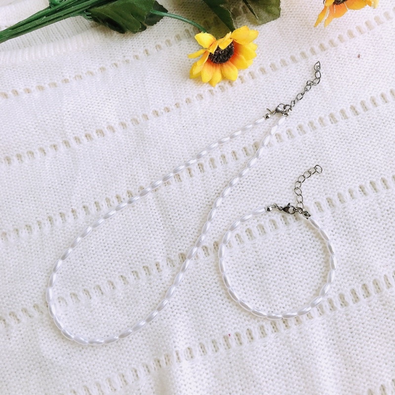 (M-VCNT044) Vòng cổ + vòng tay handmade ngọc trai nhân tạo hạt gạo phong cách thời trang cổ điển cho nam nữ