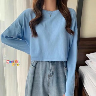Áo Croptop Trơn Tay Dài Dáng Rộng Xanh Dương Long Tee Ulzzang - MM
