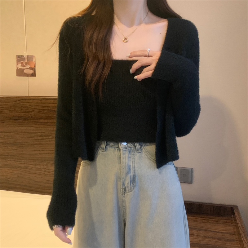 Set Áo Khoác cardigan Lông Nhung + Áo Hai Dây Thiết Kế Mới Thời Trang Theo Phong Cách Hàn Quốc