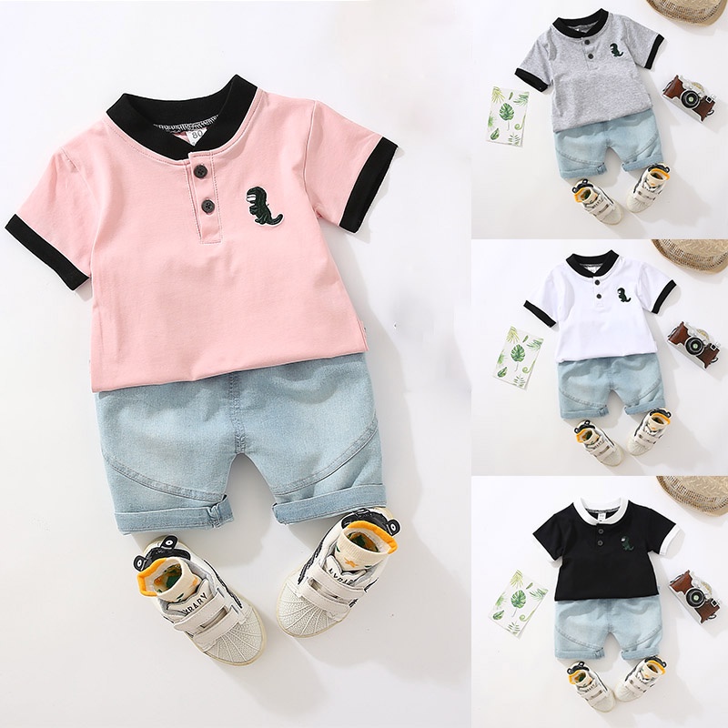 ○¤☍Set Đồ 2 Món Gồm Áo Thun Polo Tay Ngắn Cổ Tròn In Hình Khủng Long Hoạt Hình + Quần Ngắn Cho Bé Trai 0-5 Tuổi