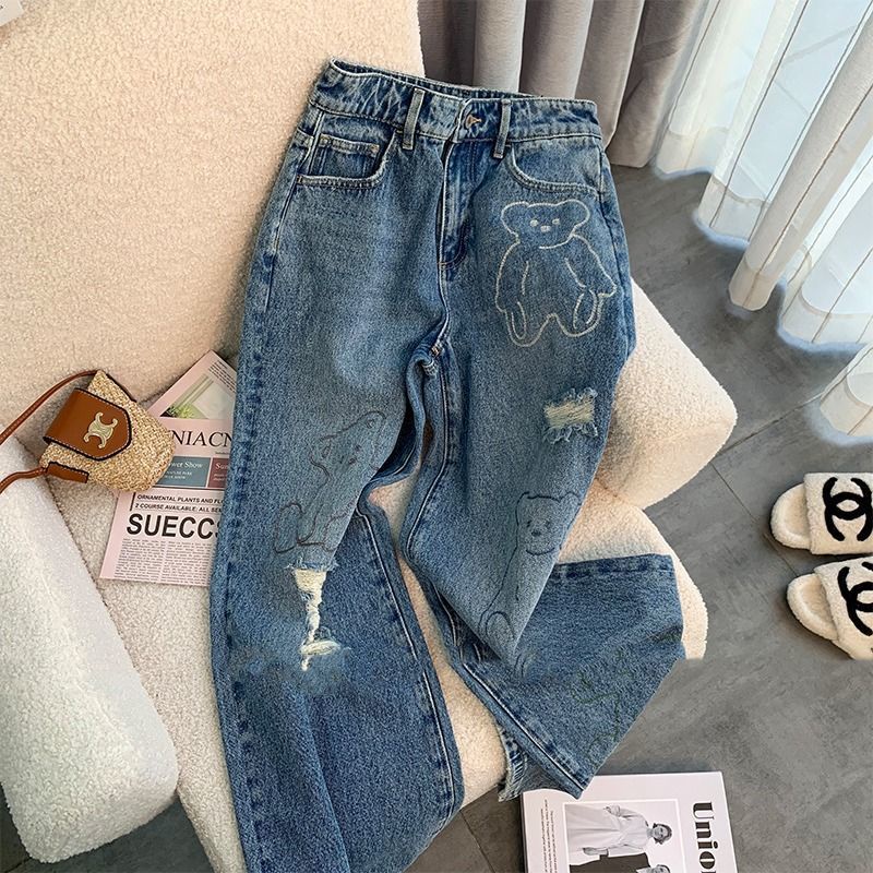Quần Jean Rách Thêu Họa Tiết Gấu Hoạt Hình Cỡ Lớn Thời Trang Mùa Hè 2022 Cho Nữ113235
