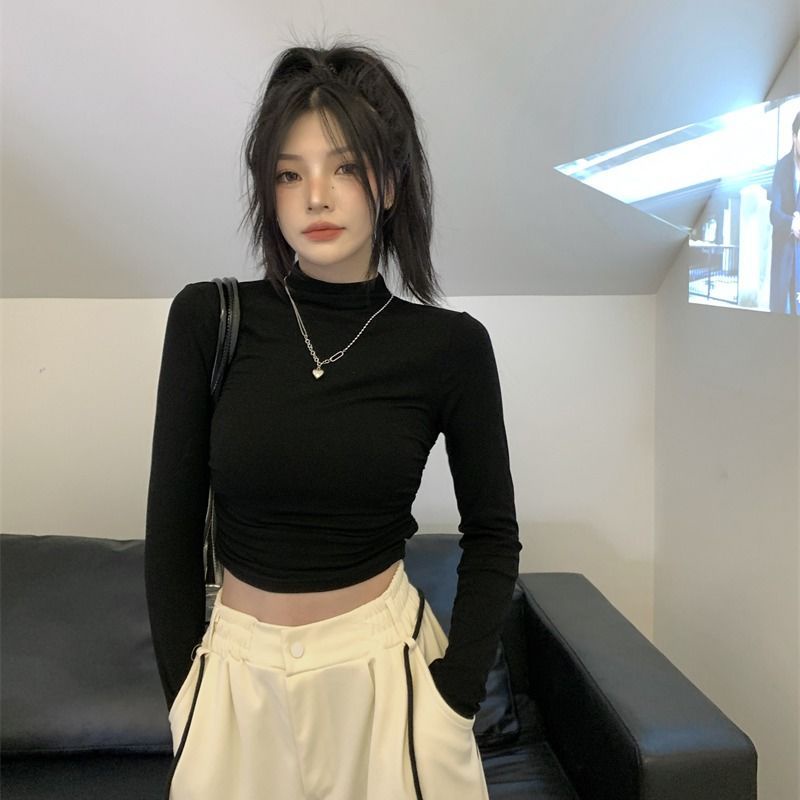 COZOKC COZOK Áo thun COZOK tay dài cổ cao màu sắc thời trang đơn giản cho nữ