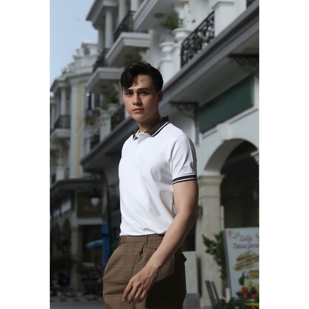 PO004-1 Áo Polo Nam DOCAS Vải Cotton CMC Màu Trắng Cổ Phối Phom Regular Fit