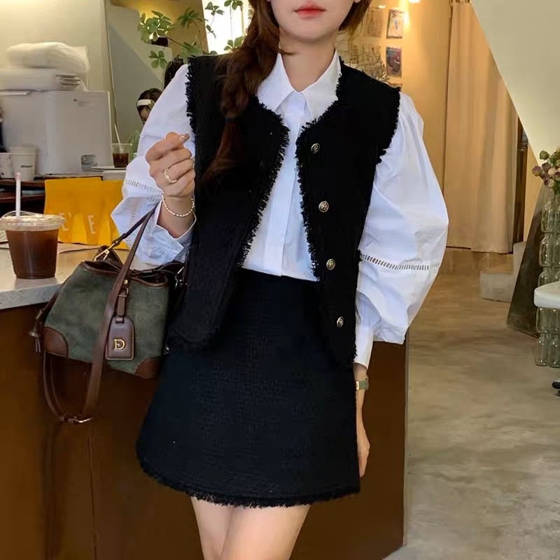 Set Dạ Tweed 3 Món Áo Sơ Mi Trắng Kèm Áo Gile Chân Váy Tweed Tua Rua  Áo Gile Dạ Tua Rua