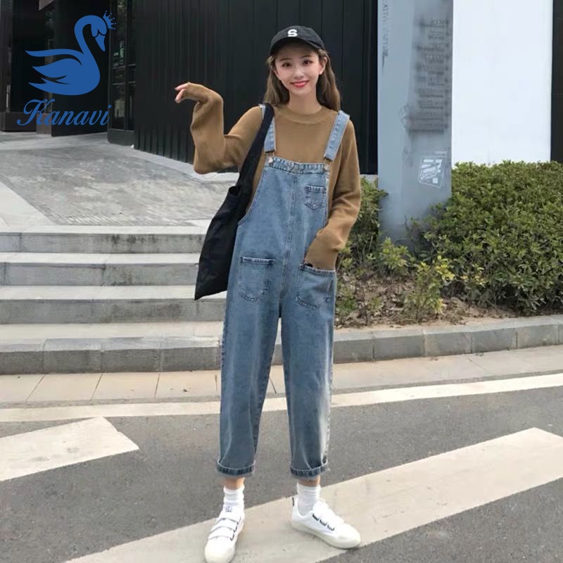 Kanavi Quần Yếm Jean Baggy Dài Dáng Rộng Màu Trơn Thời Trang Cho Nữ
